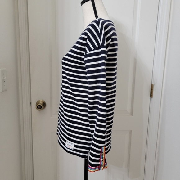 Talbots Size SP 100% Cotton Navy Blue & White Striped Long Sleeve Top - Picture 4 of 13